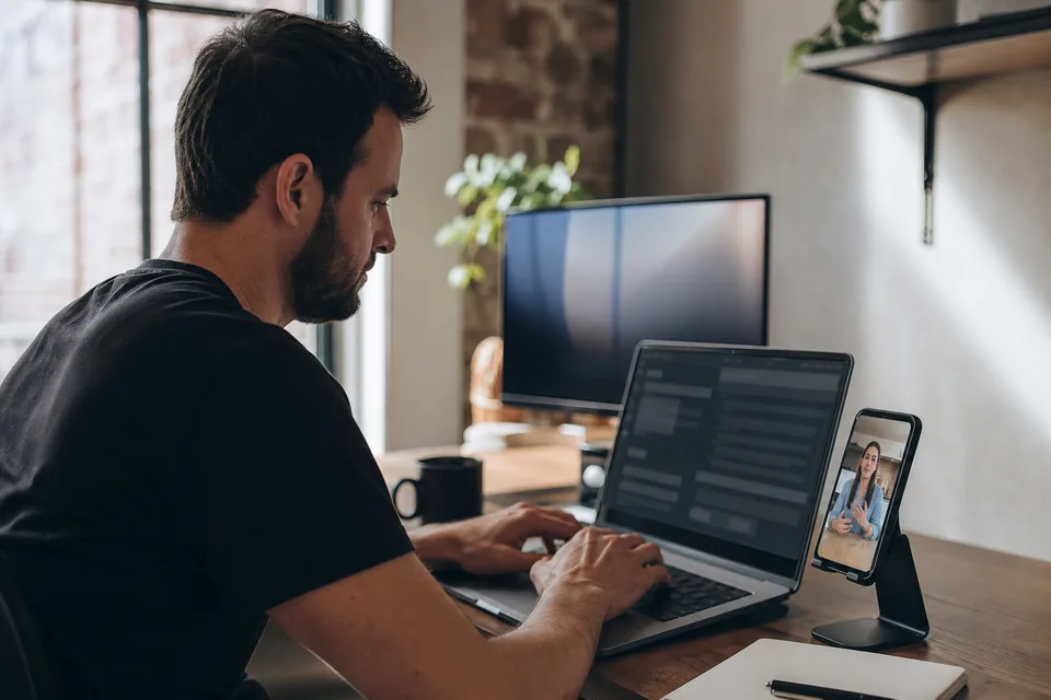 Developer at an agency desk wiring an automated video ad pipeline, phone showing a vertical presenter clip beside a laptop