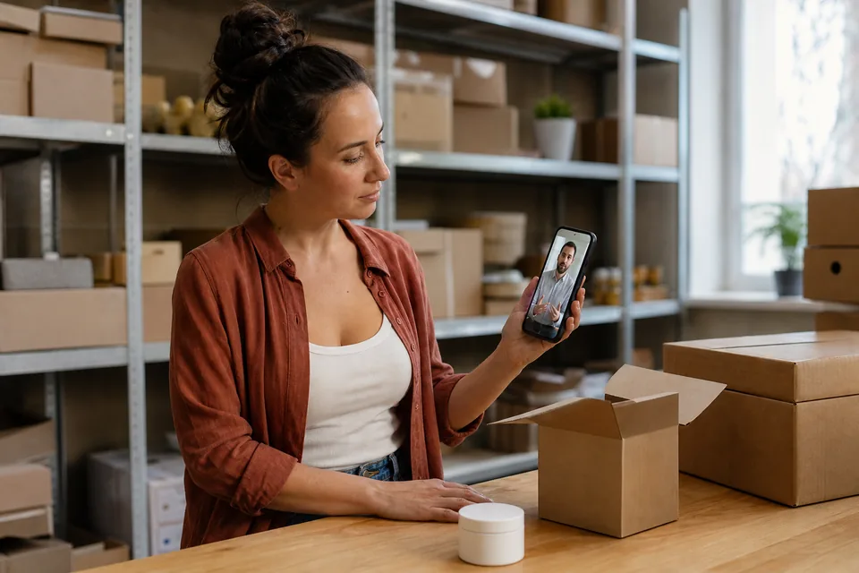 Ecommerce marketer reviewing a vertical presenter ad on a phone next to product boxes
