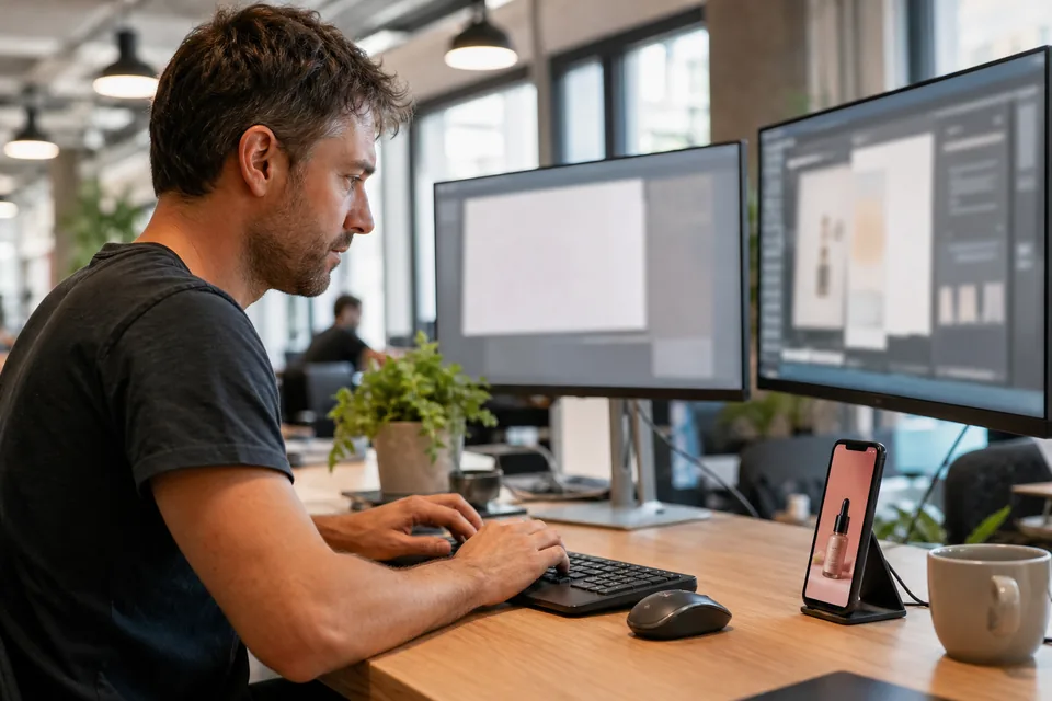 Agency developer at a desk with two monitors, a smartphone beside the keyboard playing a vertical product video