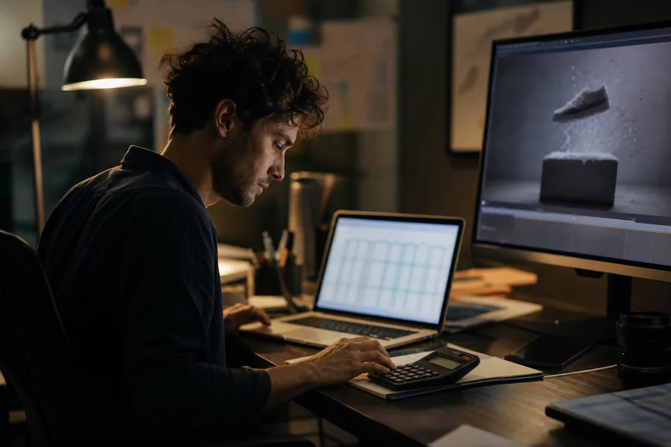 Creative technologist checking per-second render costs on a laptop next to a monitor previewing a cinematic AI product shot