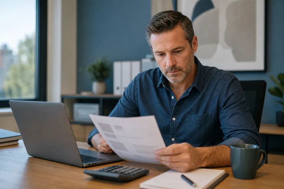 Agency marketing manager checking a video software subscription bill against his laptop